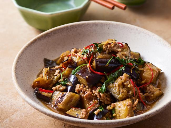 EMBARGO FOR TWAM, 19 OCTOBER 2024. FEE MAY APPLY. Eggplant with minced pork. Tony Tans Asian Cooking Class. Images and text from Tony Tans Asian Cooking Class by Tony Tan, photography by Mark Roper. Murdoch Books RRP $59.99.