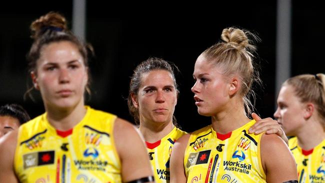 Chelsea Randall (middle), leaving the ground after last week’s qualifying final loss to Melbourne, is out of the Crows’ semi-final. Picture: Getty Images