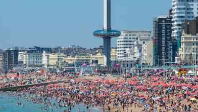 Brighton beach was packed during Britain’s hottest June since records began in 1884. Picture: Alamy/The Times