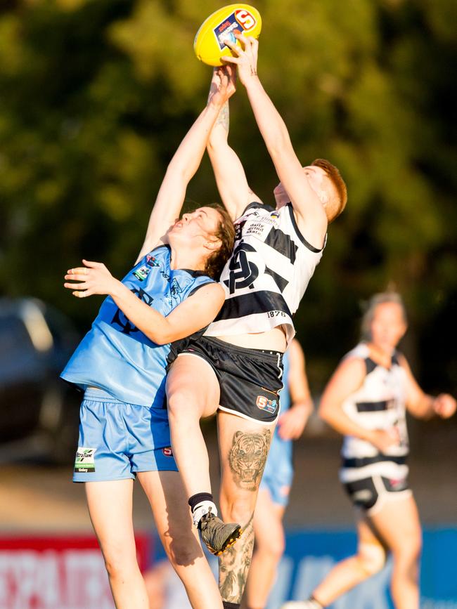 South’s Jess Kirk attempts to take a mark over a Sturt opponent earlier this season. Picture: Nick Hook