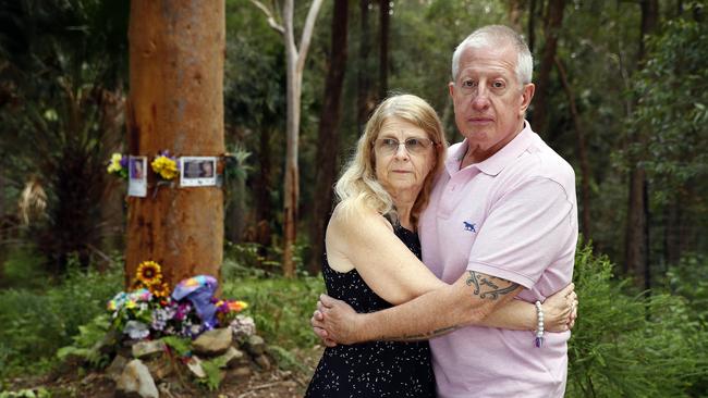 Mark and Faye Leveson in the bushland where they found Matthew’s body Picture: Sam Ruttyn