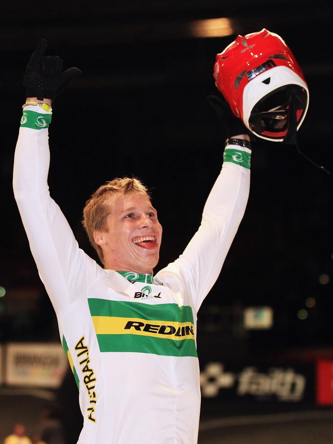 Sam Willoughby celebrates winning the Elite Men's Final at the UCI BMX World Championships at NIA Arena on May 26, 2012 in Birmingham, England. Picture: Bryn Lennon/Getty Images