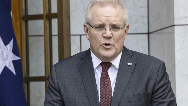 Prime Minister Scott Morrison with Brendan Nelson during a press conference at Parliament House in Canberra. Picture: NCA NewsWire/Gary Ramage