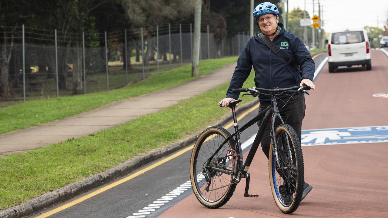 Andrew Demack of Bicycle Queensland on Pierce St in South Toowoomba as it is launched as Queensland's first active street – where bicycles have equal rights to cars, Friday, June 21, 2024. Picture: Kevin Farmer