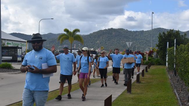 Union members on strike against Cruise Whitsundays marched near the Port of Airlie Ferry Terminal on September 15. Picture: Estelle Sanchez