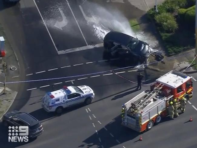 Upon fleeing the scene, the shooter’s vehicle crashed into a fire hydrant and pole. Picture: Supplied/Nine News.