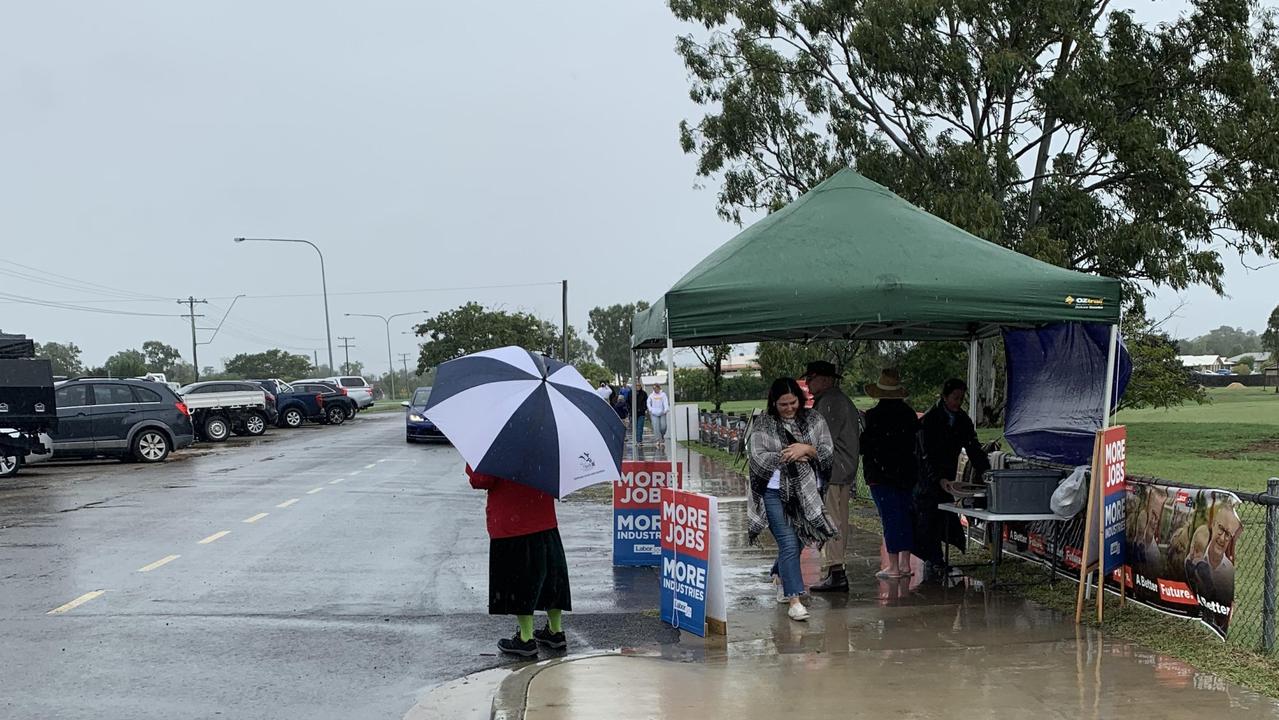 Volunteers brave the wet and cold at Gracemere for the Federal Election 2022 Flynn electorate.