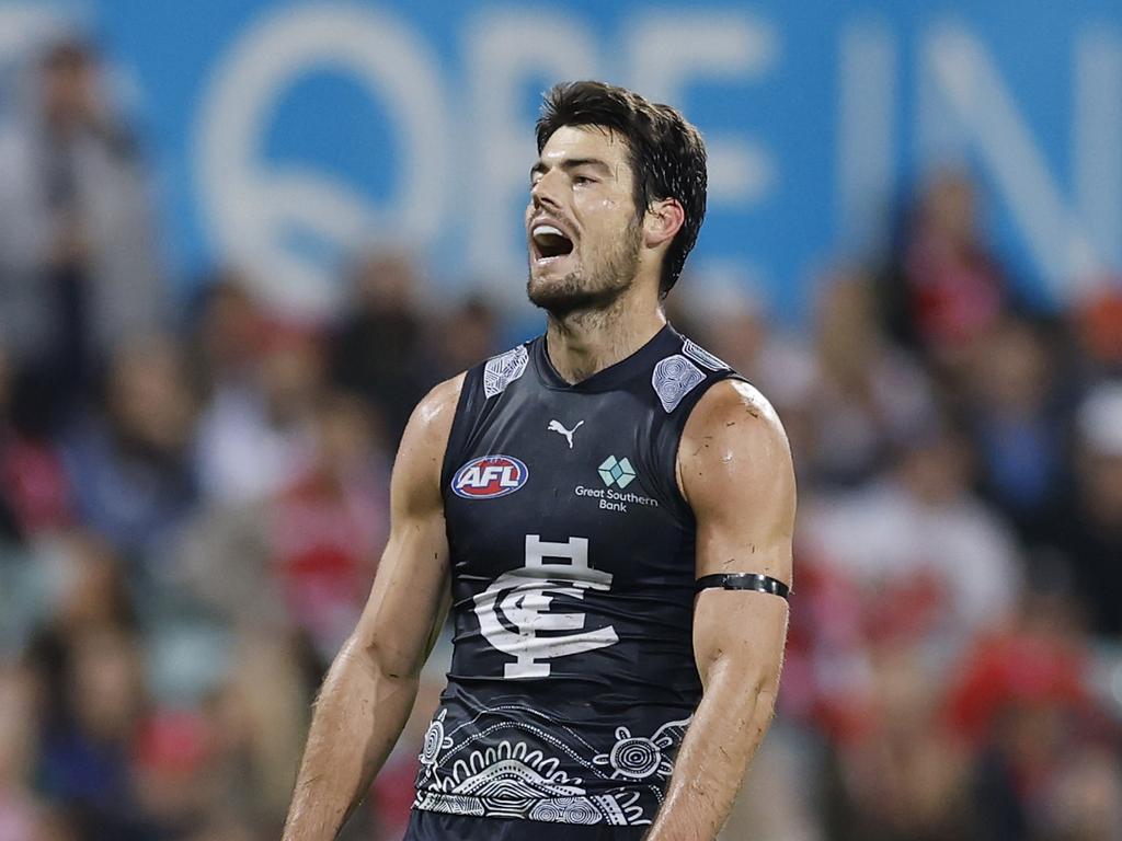 George Hewett Hewett is the Blues’ only player inside the top 30 in the competition for score involvement. Picture: Darrian Traynor/AFL Photos/via Getty Images