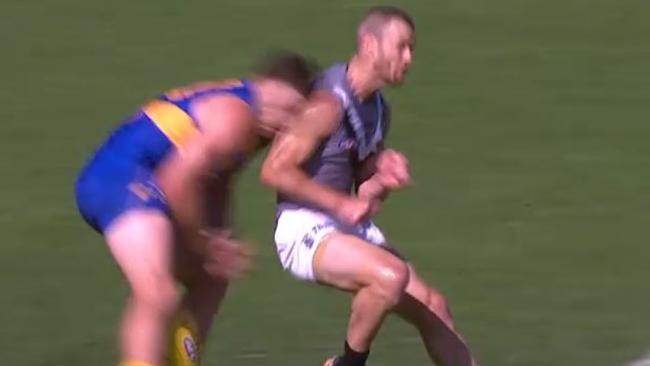 Robbie Gray’s bump on Jeremy McGovern that led to a one-match ban that the Power will challenge. Picture: Fox Sports