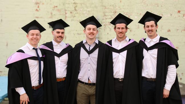 Master of Physiology graduates Timothy Smith, Nicholas Martin, Jack Sproule, Drew Sykes, and Adam Lewis at the University of Tasmania 2024 Winter Graduations ceremony in Launceston. Picture: Stephanie Dalton