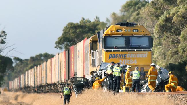 Emergency Services crews at the scene of the crash, just south of Mallala. Picture: Dean Martin