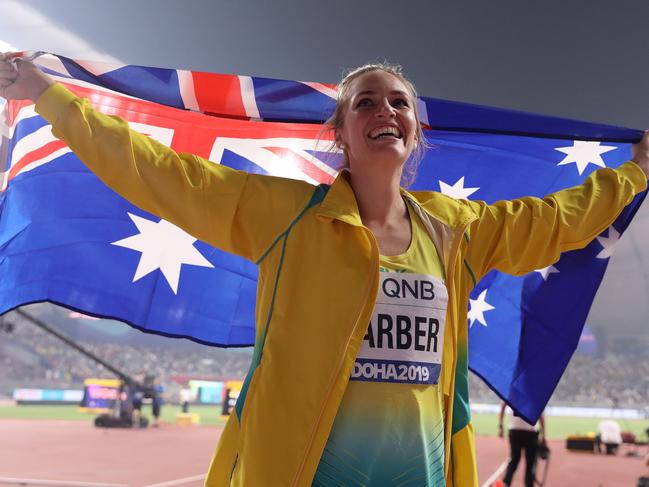 Kelsey-Lee Barber of Australia celebrates winning the Women's Javelin Throw final during the World Athletics Championships in Doha, Qatar on October 1, 2019. Picture: CHRISTIAN PETERSEN/GETTY IMAGES