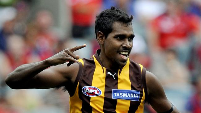 Melbourne v Hawthorn. MCG. Carl Peterson celebrates his first goal in the AFL