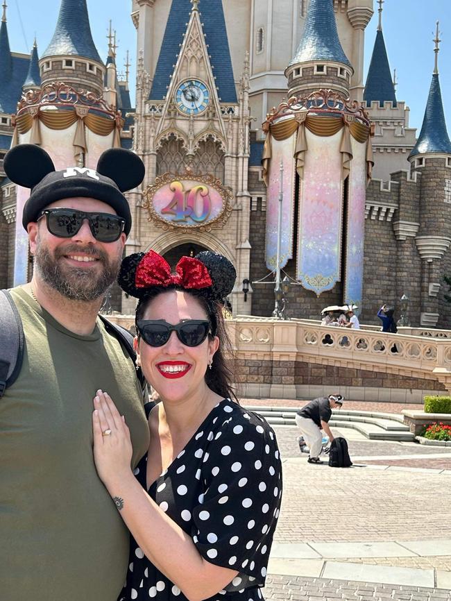 Adelaide designer Cristina Tridente and Petar Filipovic got engaged at Disneyland in Japan. Picture: Supplied