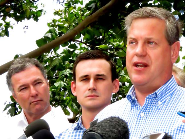 GCB State Opposition Leader Tim Nicholls means with Gold Coast LNP members after the election. Picture: Andrew Potts