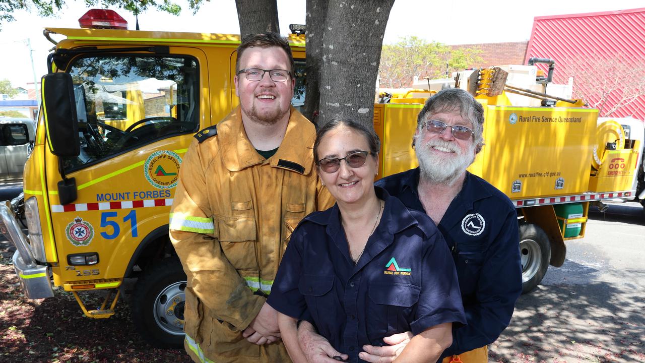 Ben Willett, Peter and Wendy Boorman of Mount Forbes, prepare themselves before heading to the Tara fires, Dalby Incident Command Centre. Picture: Liam Kidston