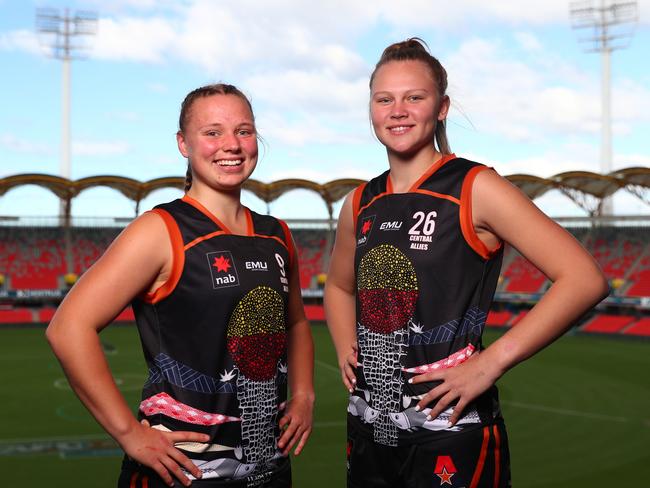 Jaimi Tabb, left, pictured with Montana McKinnon. Rivals in the SANFLW, the two were integral members of the Central Allies during the AFLW under-18 AFLW national championships at Metricon Stadium in July, 2019. Picture: Chris Hyde/AFL Photos