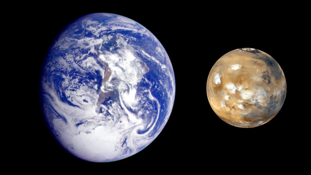 This composite image, from NASA Galileo and Mars Global Survey orbiters, of Earth and Mars was created to allow viewers to gain a better understanding of the relative sizes of the two planets. Picture: NASA/JPL
