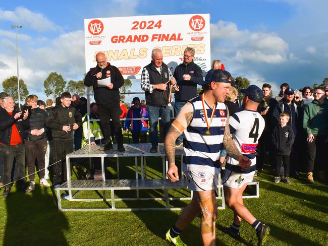 West Gippsland league grand final match 2024 — Phillip Island Bulldogs V Nar Nar Goon "The Goon" Football Club at Garfield Recreation Reserve on September 14, 2024: Nar Nar Goon Football Club: WINNERS. Picture: Jack Colantuono