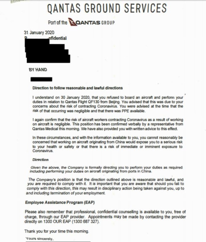 The letter issued to the employee, who has since been stood down.