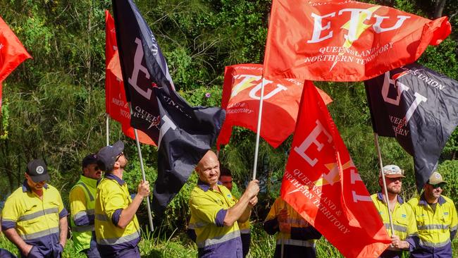 Electrical Trades Union march out the front of The Star Casino for job security. Photo: Facebook/Electrical Trades Union