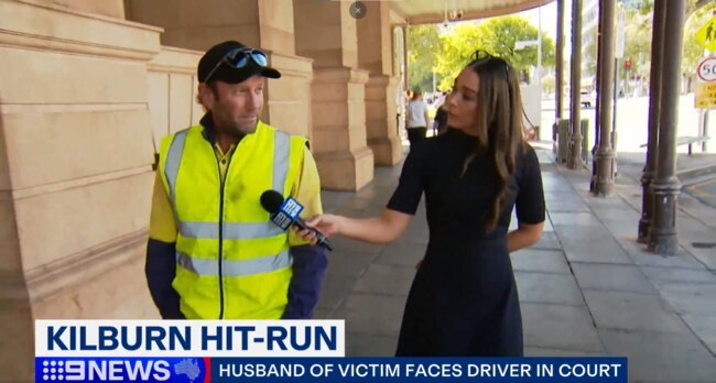 Dwayne Hindson, husband of hit-and-run survivor Sonja Maus, appears outside of Adelaide Magistrates Court. Picture: 9 News Adelaide