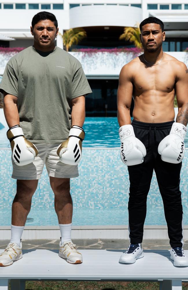 Cowboy Jason Taumalolo and unbeaten boxer Paulo Aokuso at the Ville to promote an NRL-themed boxing blockbuster in Townsville on October 7. Picture: Robbie Bolton – 537 Media