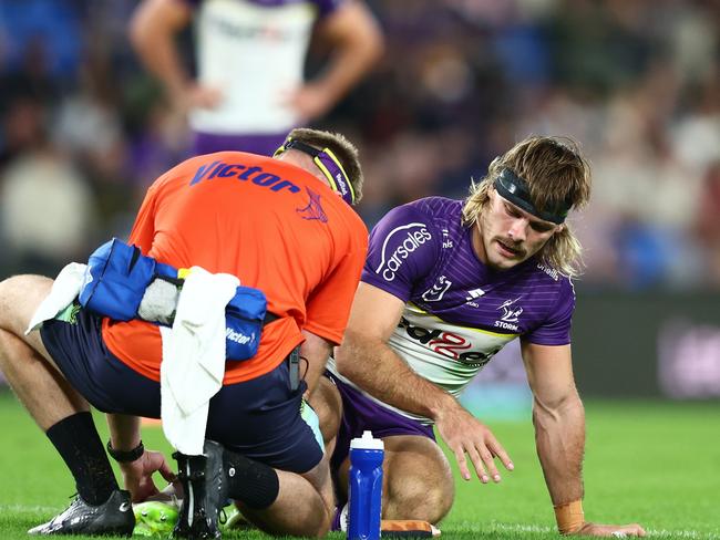 GOLD COAST, AUSTRALIA – MAY 04: Ryan Papenhuyzen of the Storm is injured during the round nine NRL match between Gold Coast Titans and Melbourne Storm at Cbus Super Stadium, on May 04, 2024, in Gold Coast, Australia. (Photo by Chris Hyde/Getty Images)