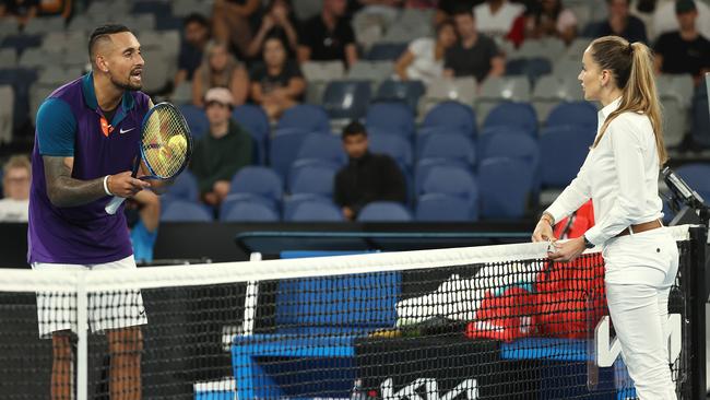 Nick Kyrgios argues with umpire Marijana Veljovic. Picture: Michael Klein