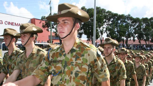 Anzac Day service in Nerang to the Nerang RSL Club. Armed Forces march at Nerang. Reporter: Jennifer Barwick