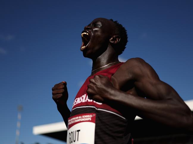 Gout Gout celebrates after winning his Boys' U18 100m final over the weekend. Picture: Cameron Spencer/Getty Images.