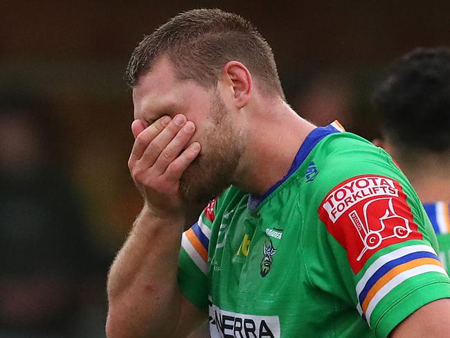 WAGGA WAGGA, AUSTRALIA - MAY 08: Elliott Whitehead (c) of the Raiders looks on after the loss during the round nine NRL match between the Canberra Raiders and the Newcastle Knights at , on May 08, 2021, in Wagga Wagga, Australia. (Photo by Kelly Defina/Getty Images)