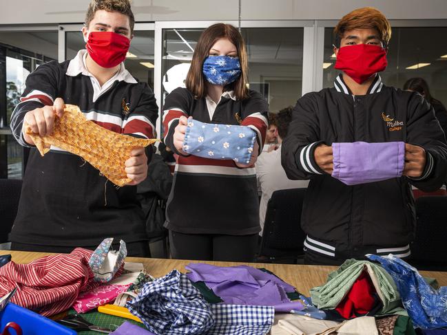 MELBOURNE, AUSTRALIA - NewsWire Photos JULY 20, 2020:  Students Deacon, Haylee & Sangpu pose for a photograph with masks, at Melba College in Croydon, Melbourne. Picture: NCA NewsWire / Daniel Pockett