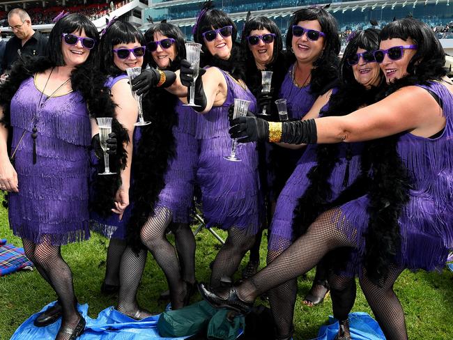 Melbourne Cup. 2015. Purple Ladies Vikki, Angelique, Debbie, Terri, Jeanette, Mel, Debbie and Michelle. Picture: Jake Nowakowski