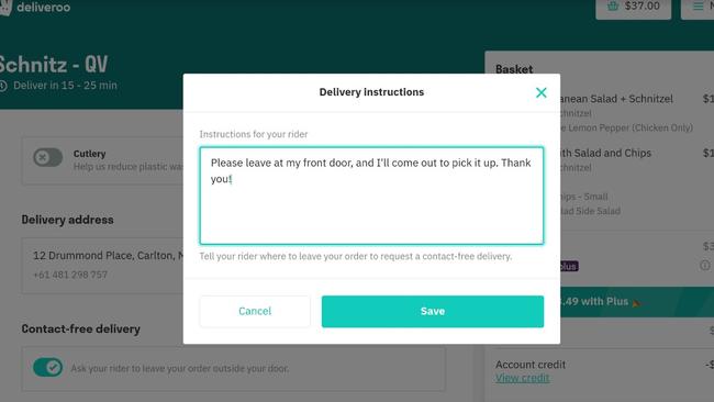 Deliveroo's new zero contact version and how it works while making an order. Picture: Supplied