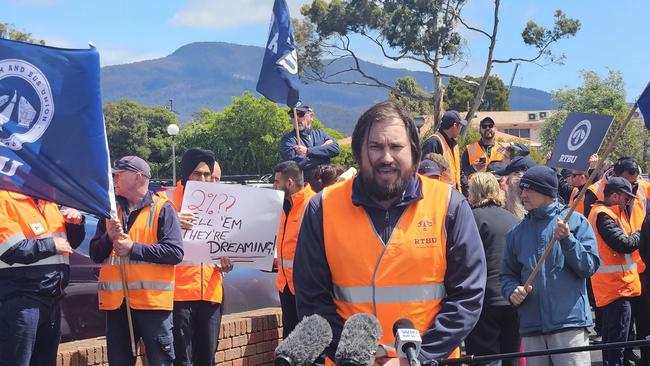 Rail, Bus and Tram Union official Byron Cubit speaks to the media during a stop-work action at Glenorchy on Friday November 8, 2024.