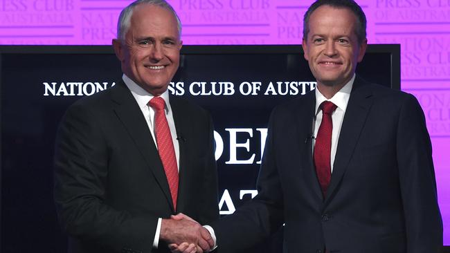 Prime Minister Malcolm Turnbull and Labor Leader Bill Shorten before the debate which was over-scripted to the point of boring. Photo: AP