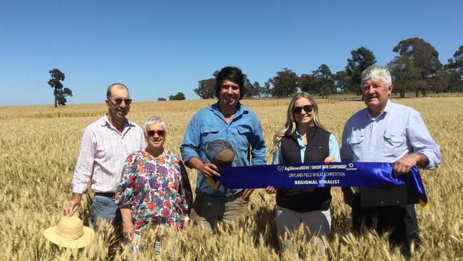 Mike and Velia O'Hare of Ardlethan Show Society with crop winner Martin Nisbet (son of Ralph) who grew a 6.3t/ha wheat crop and is pictured with Laura Newnham and crop judge Frank McRae. Picture: Supplied