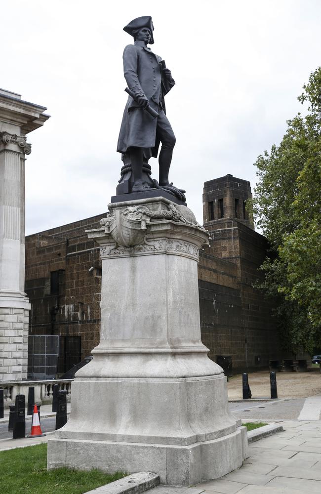 A bronze statue of Captain James Cook by Thomas Brock, near Admiralty Arch in London, shows signs of vandalism. Picture: News Corp Australia Network