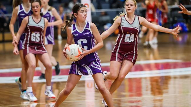 Port Augusta, which won the under-15 division one title, during a match against Great Flinders at the Netball SA Country Championships on Monday. Picture: Tom Huntley