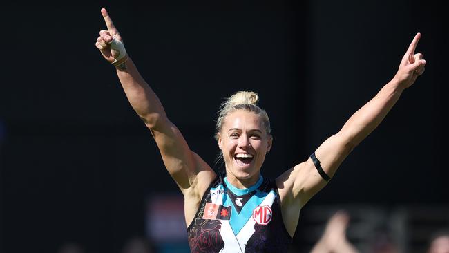 Erin Phillips of the Power celebrates a goal during the 2023 AFLW Round 10 match between Port Adelaide Power and GWS at Alberton Oval. Picture: Sarah Reed/AFL Photos via Getty Images