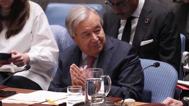 UN Secretary-General Antonio Guterres at a Security Council meeting on the situation in the Middle East at the UN headquarters in New York. Picture: AFP