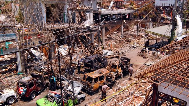 DENPASAR, BALI, INDONESIA - OCTOBER 16:  A view of the bomb blast site on October 16, 2002 in Denpasar, Bali, Indonesia. The blast occurred in the popular tourist area of Kuta on October 12, leaving more than 180 people dead and 132 injured, with the death toll expected to rise. (Photo by Edy Purnomo/Getty Images)