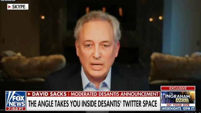 David Sacks on Fox News after hosting a Twitter Spaces event with Elon Musk to launch the 2024 presidential campaign of Ron DeSantis. Picture: @IngrahamAngle/Twitter