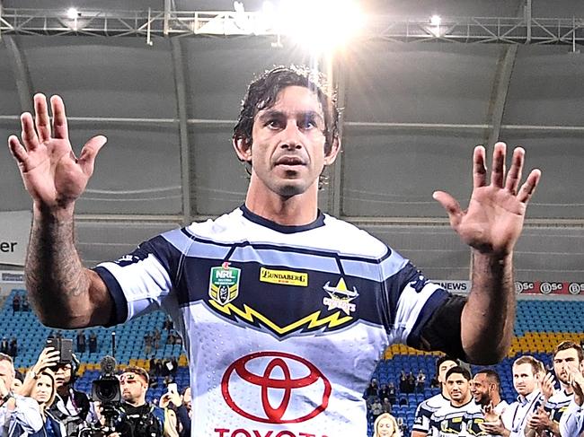 GOLD COAST, AUSTRALIA - SEPTEMBER 01:  Johnathan Thurston of the Cowboys farewells fans as he celebrates his last NRL match after the round 25 NRL match between the Gold Coast Titans and the North Queensland Cowboys at Cbus Super Stadium on September 1, 2018 in Gold Coast, Australia.  (Photo by Bradley Kanaris/Getty Images)