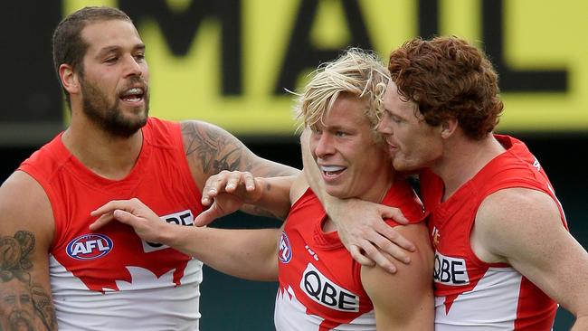 Isaac Heeney celebrates a goal. (Photo by Darrian Traynor/Getty Images)