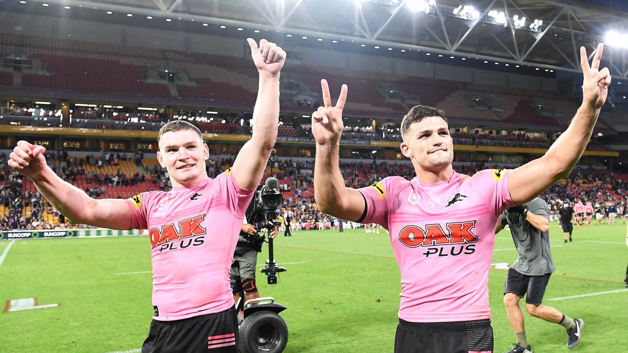 BRISBANE, AUSTRALIA - SEPTEMBER 25: Liam Martin and Nathan Cleary of the Panthers wave to the crowd as they celebrate victory during the NRL Preliminary Final match between the Melbourne Storm and the Penrith Panthers at Suncorp Stadium on September 25, 2021 in Brisbane, Australia. (Photo by Bradley Kanaris/Getty Images)