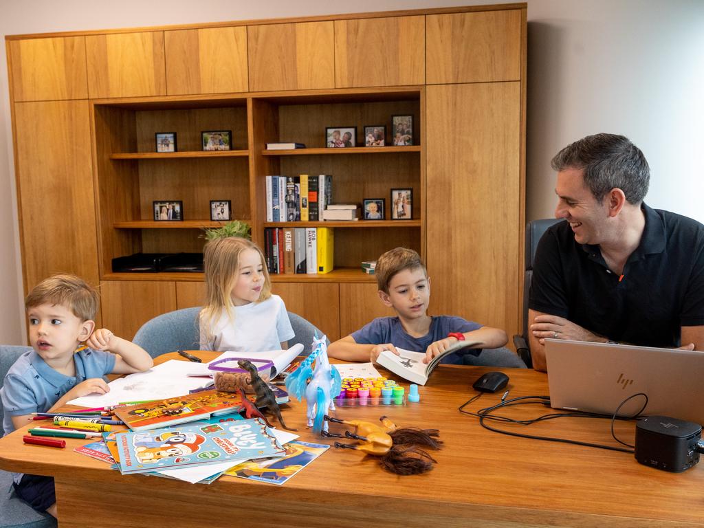 Treasurer Jim Chalmers appeared with his children Leo, Annabel and Jack ahead of his first federal budget on Tuesday. Picture: NewsWire/Sarah Marshall