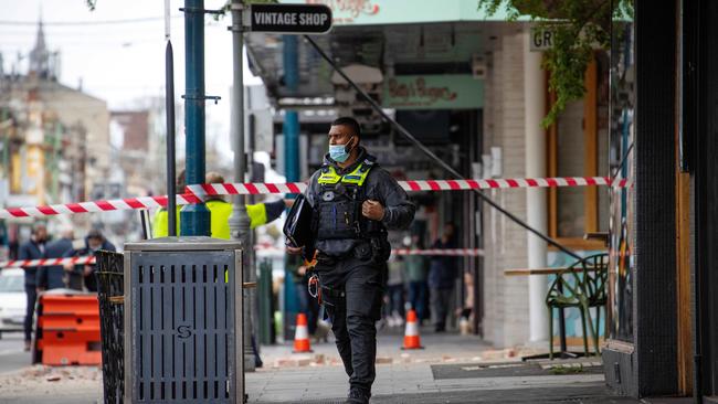 Police on Chapel St, Windsor after Melbourne’s 5.8 magnitude earthquake on September 22, 2021. Picture: Mark Stewart