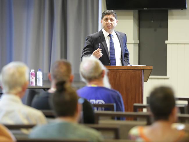 Ray Dib addressing the crowd at the Canterbury NRL board Q&amp;A held at Belmore. Picture: Christian Gilles